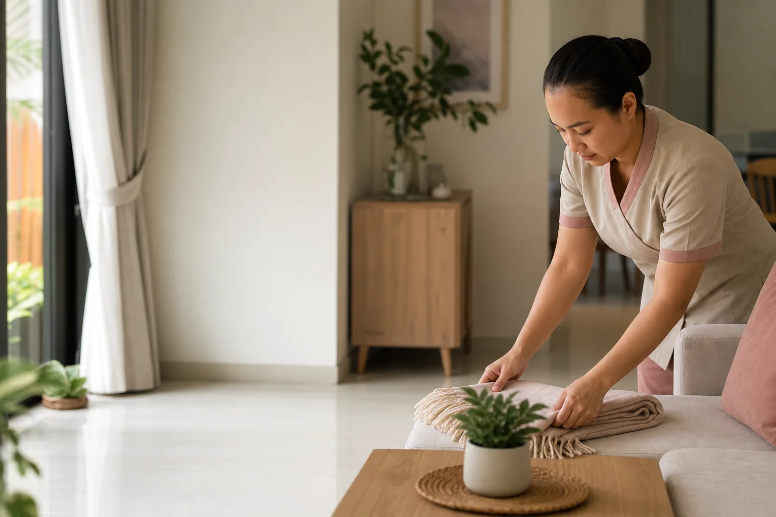 A House Cleaning professional preparing a bright living room